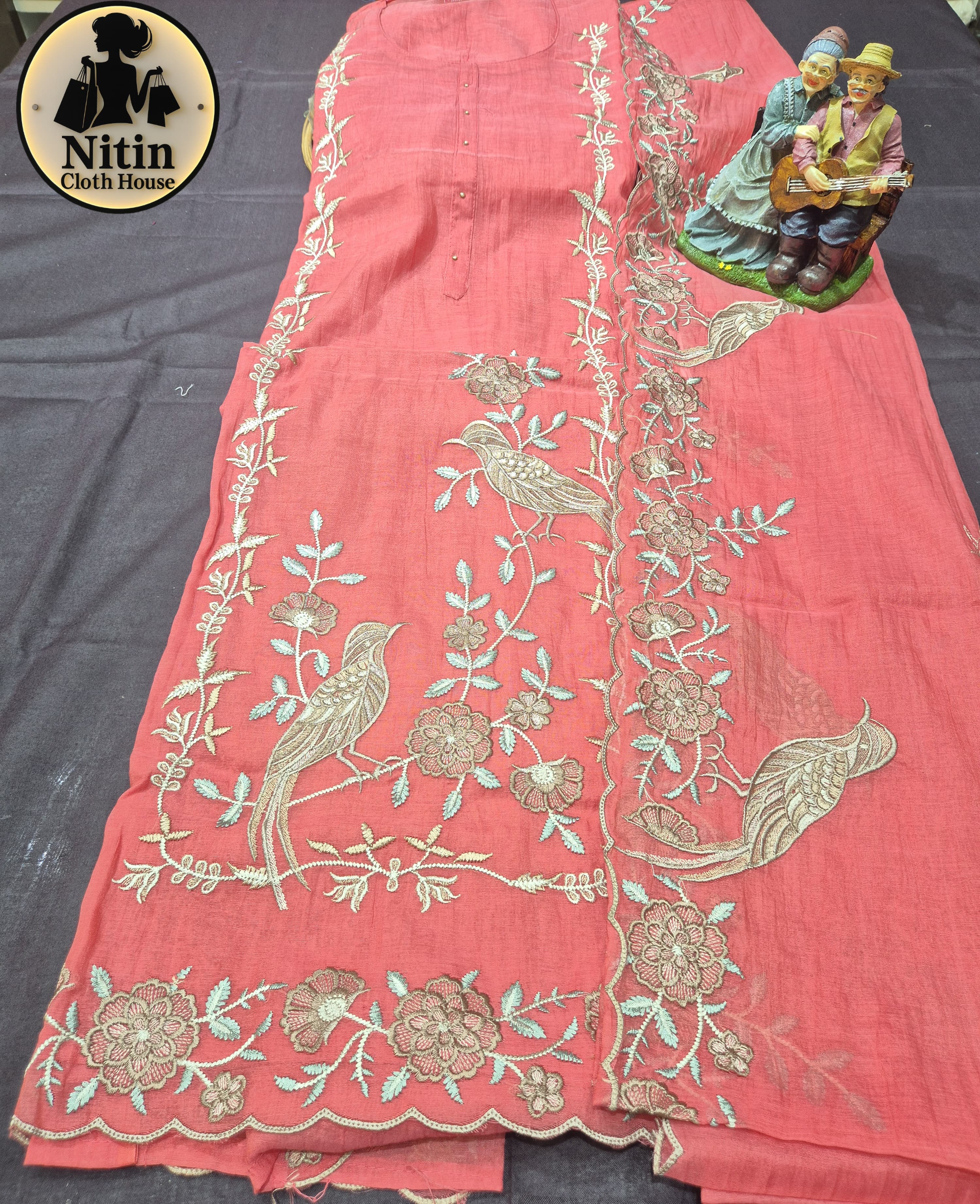 Mal Cotton Suit Set with Bird & Floral Cross-Stitch Embroidery 🕊️