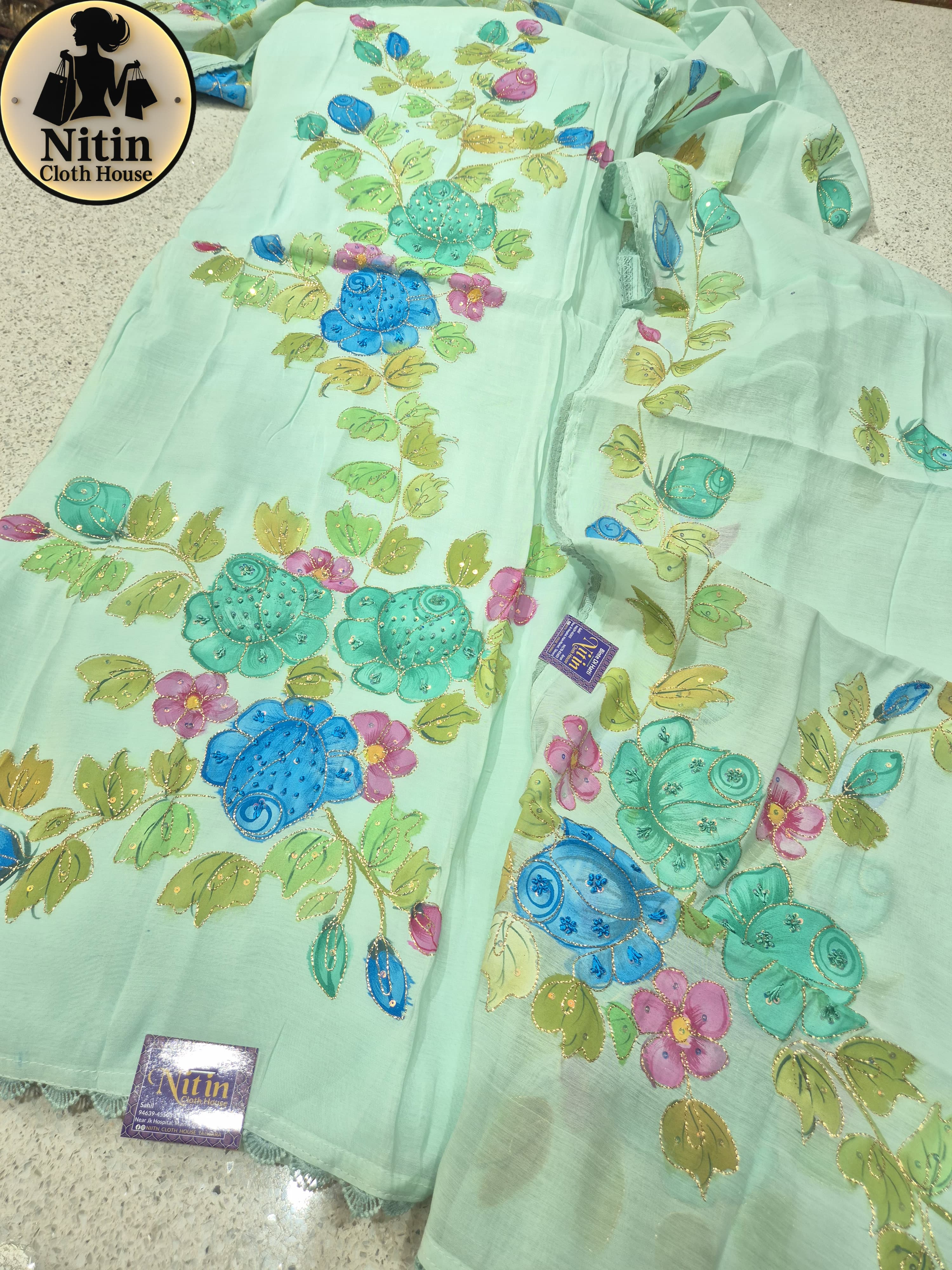 Pastel Mint Hand Block Foil Painted Cotton Suit Set