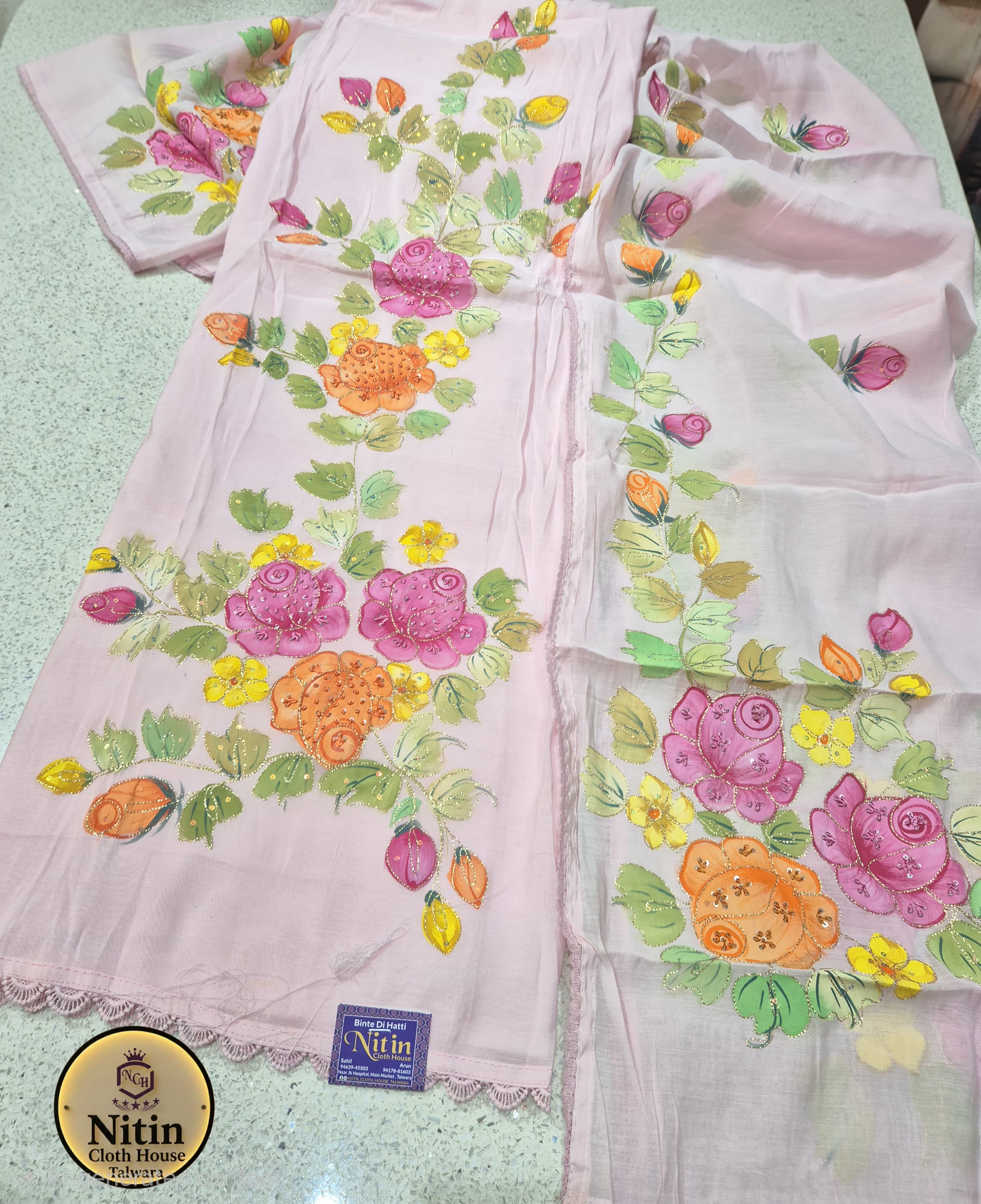 Pastel Mint Hand Block Foil Painted Cotton Suit Set