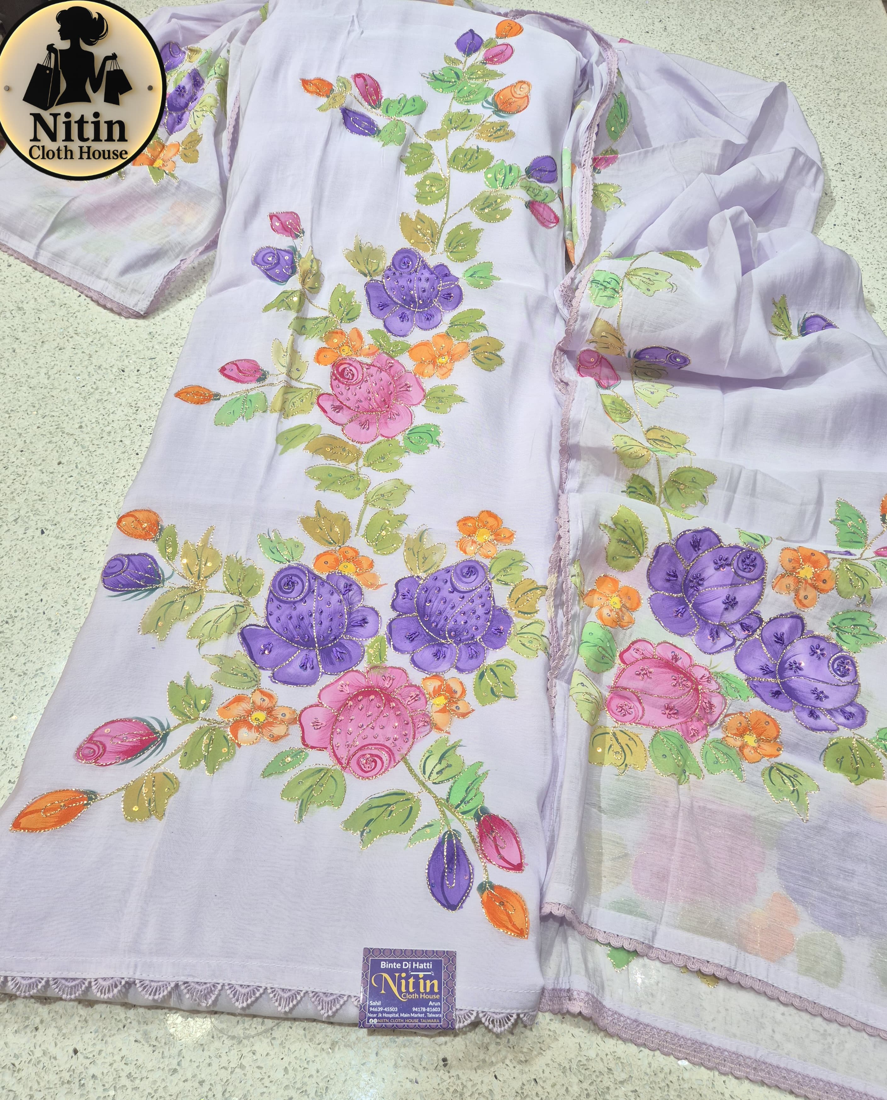 Pastel Mint Hand Block Foil Painted Cotton Suit Set