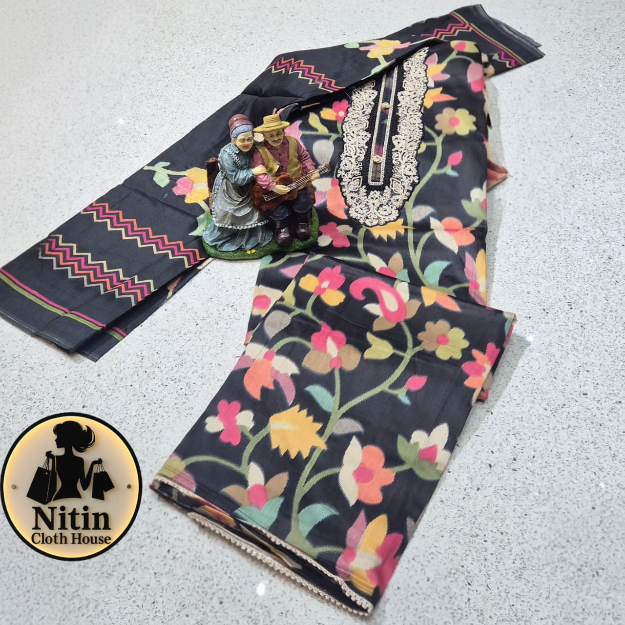 Floral Zam Cotton Suit Set with Elegant Neck Work