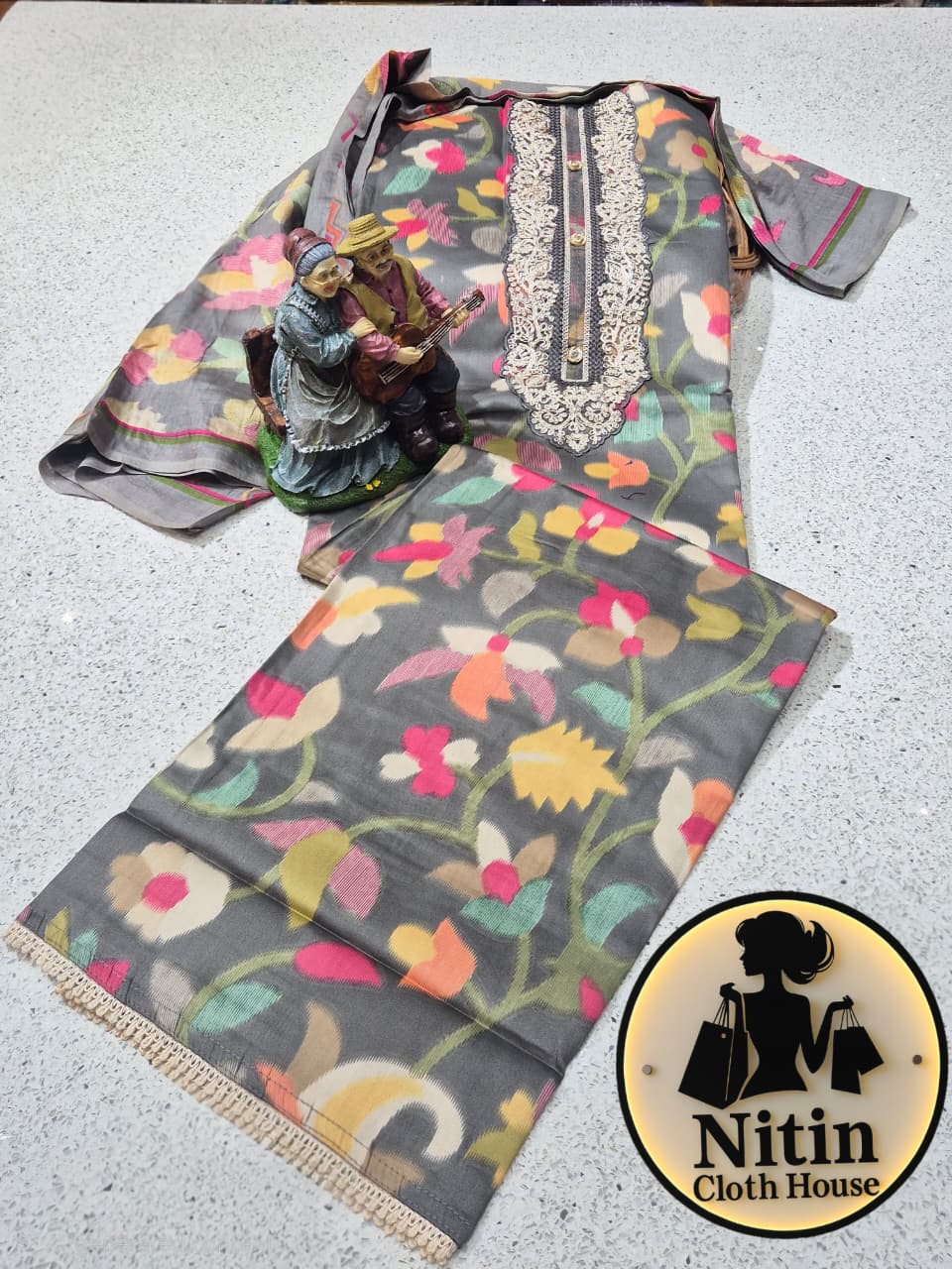 Floral Zam Cotton Suit Set with Elegant Neck Work