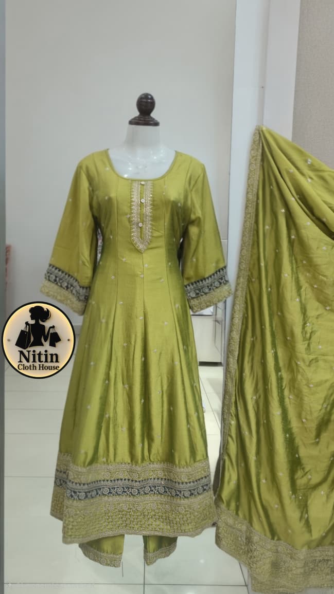💚 Designer Vichitra Base Frock with Pent Palazzo – XL Size with Marjan Work 💚