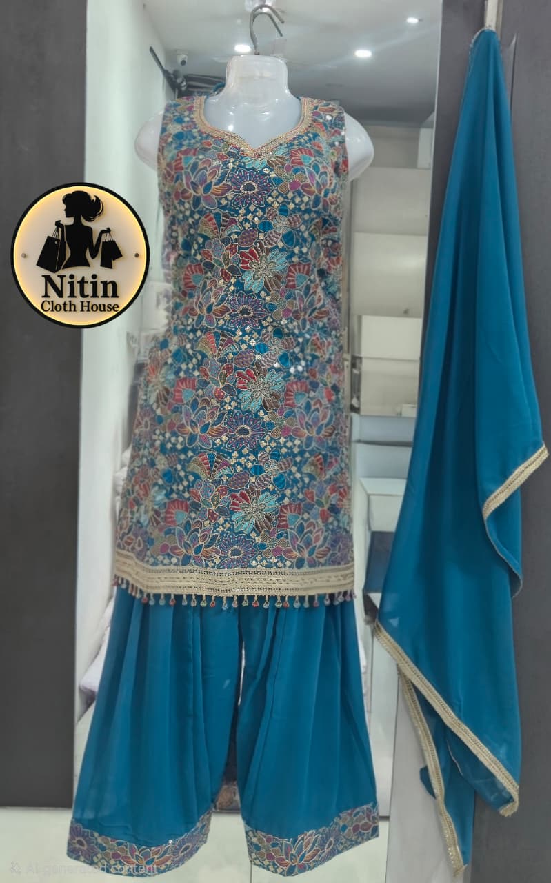 💙 Designer Straight Embroidered Shirt with Farshi Bottom – XL Size 💃
