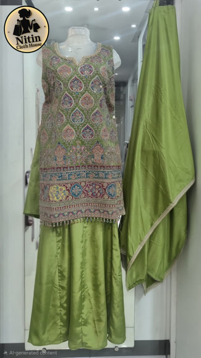 💚 Designer Position Print with Front Zari Emb Shirt & Palazzo – XL Size 💚