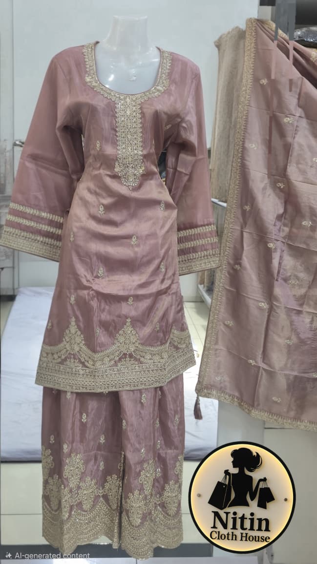 🌸 Elegant Straight Shirt with Heavy Work Palazzo & Fancy Emb Dupatta – XXL Size 🌸