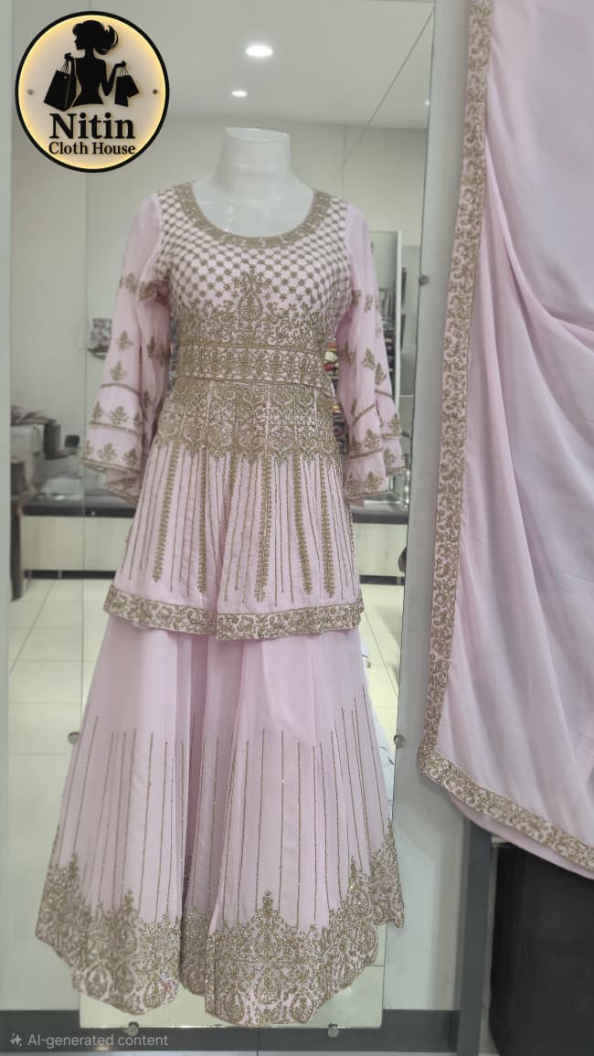 🌸 Designer Short Frock with Lehenga & Four-Side Dupatta – XL Size 🌸