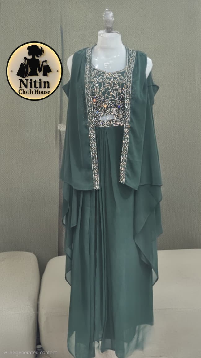 💚 Top with Lungi Style Bottom & Designer Shrug Jacket – XL Size 💚