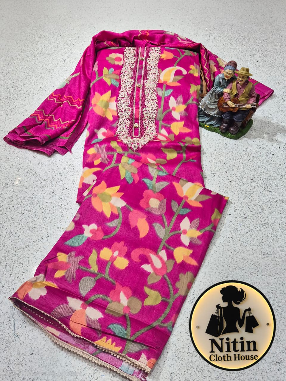 Floral Zam Cotton Suit Set with Elegant Neck Work