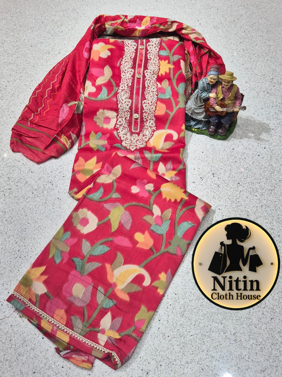 Floral Zam Cotton Suit Set with Elegant Neck Work