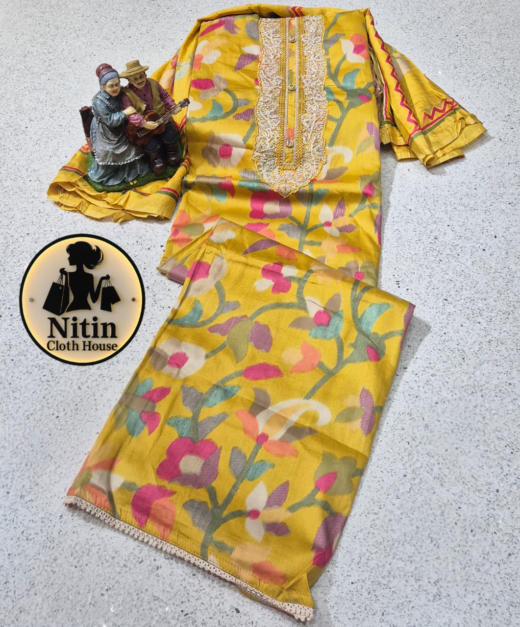 Floral Zam Cotton Suit Set with Elegant Neck Work