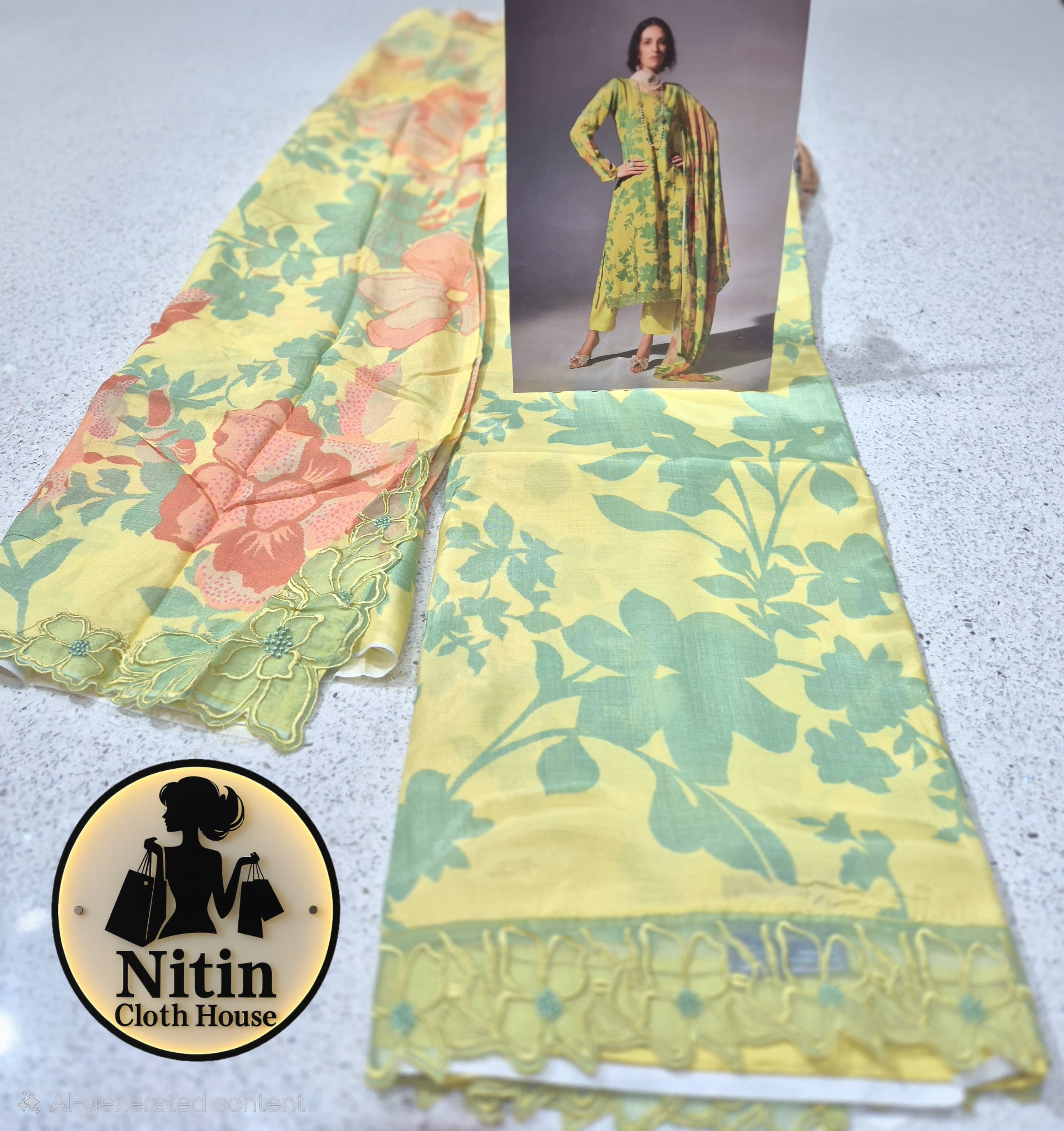 Sunny Floral Modal Cotton Suit Set with Elegant Lace Dupatta