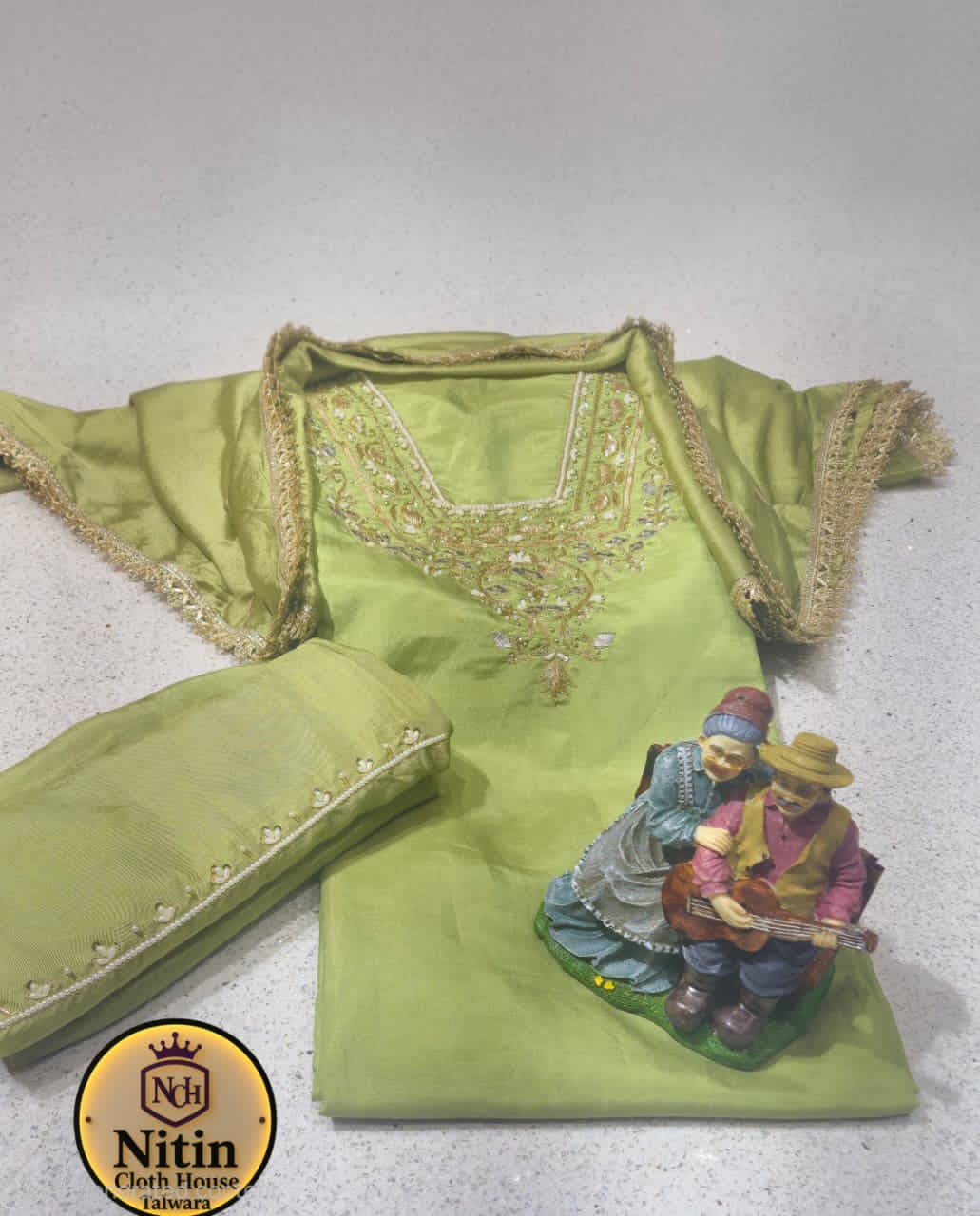 ✨Elegant Pistachio Green Silk Suit with Embroidered Sleeves & Chinon Dupatta ✨