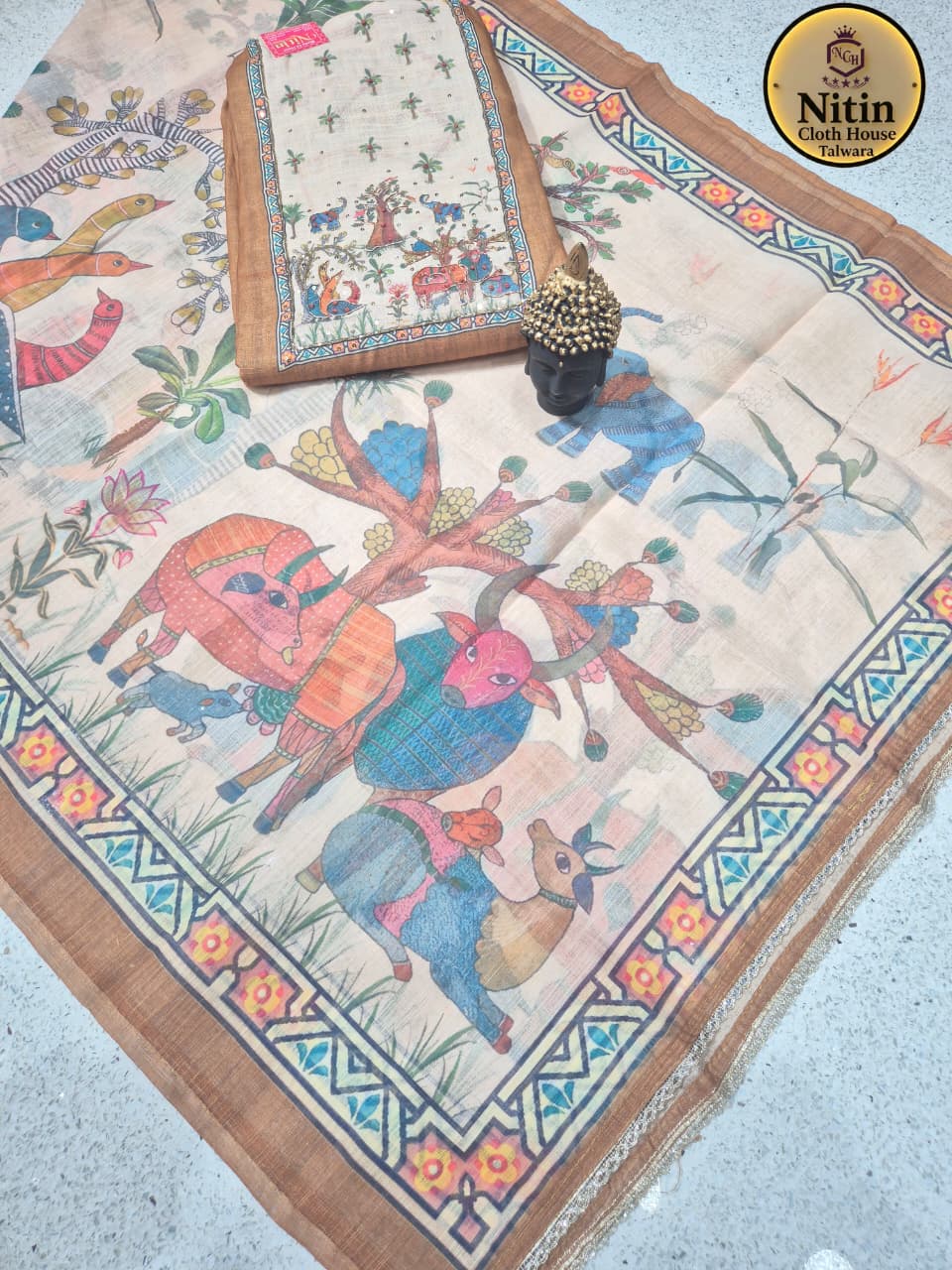 Traditional Folk Art Printed Suit with Elegant Stole Dupatta