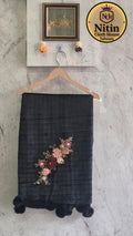 Elegant Black Embroidered Dupatta with Floral Motif & Pom-Pom Tassels