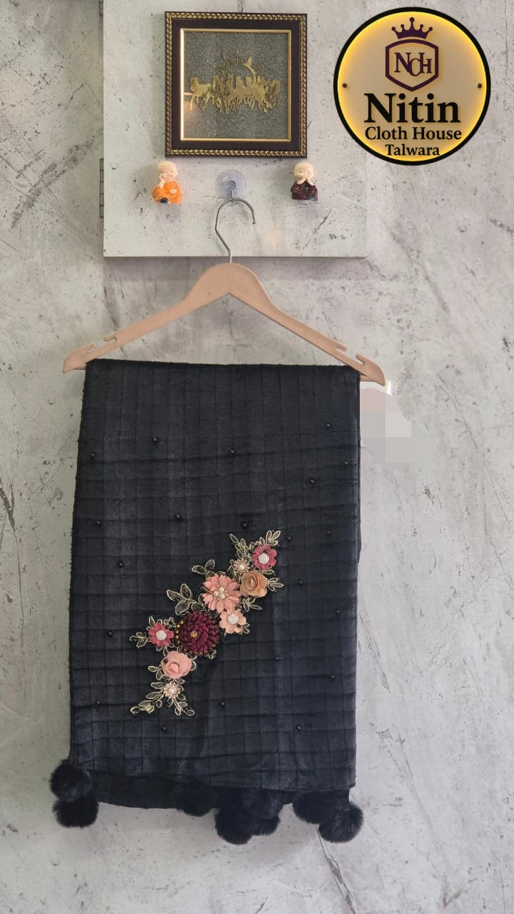 Elegant Black Embroidered Dupatta with Floral Motif & Pom-Pom Tassels