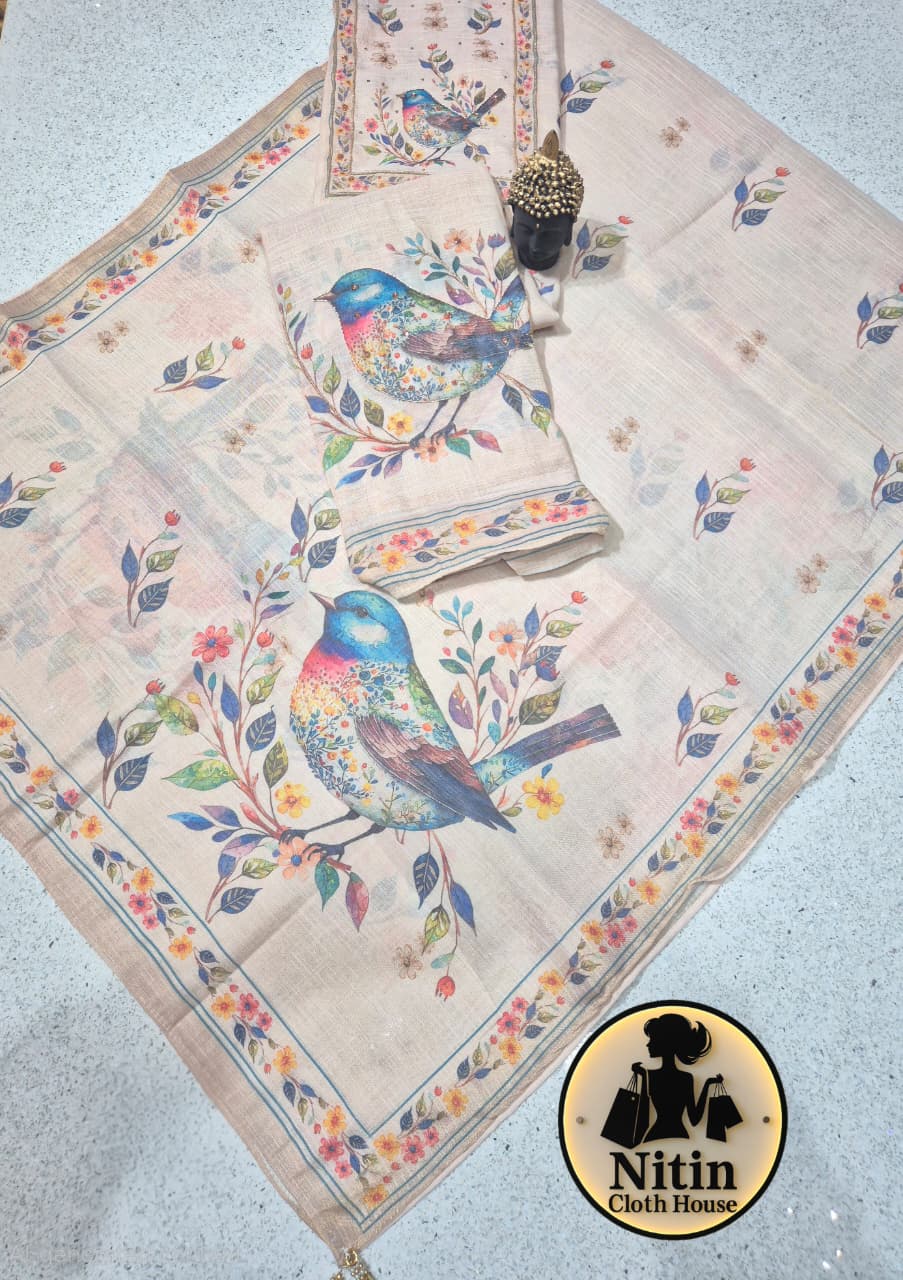 Graceful Cotton Linen Suit with Artistic Bird Design & Stole Dupatta