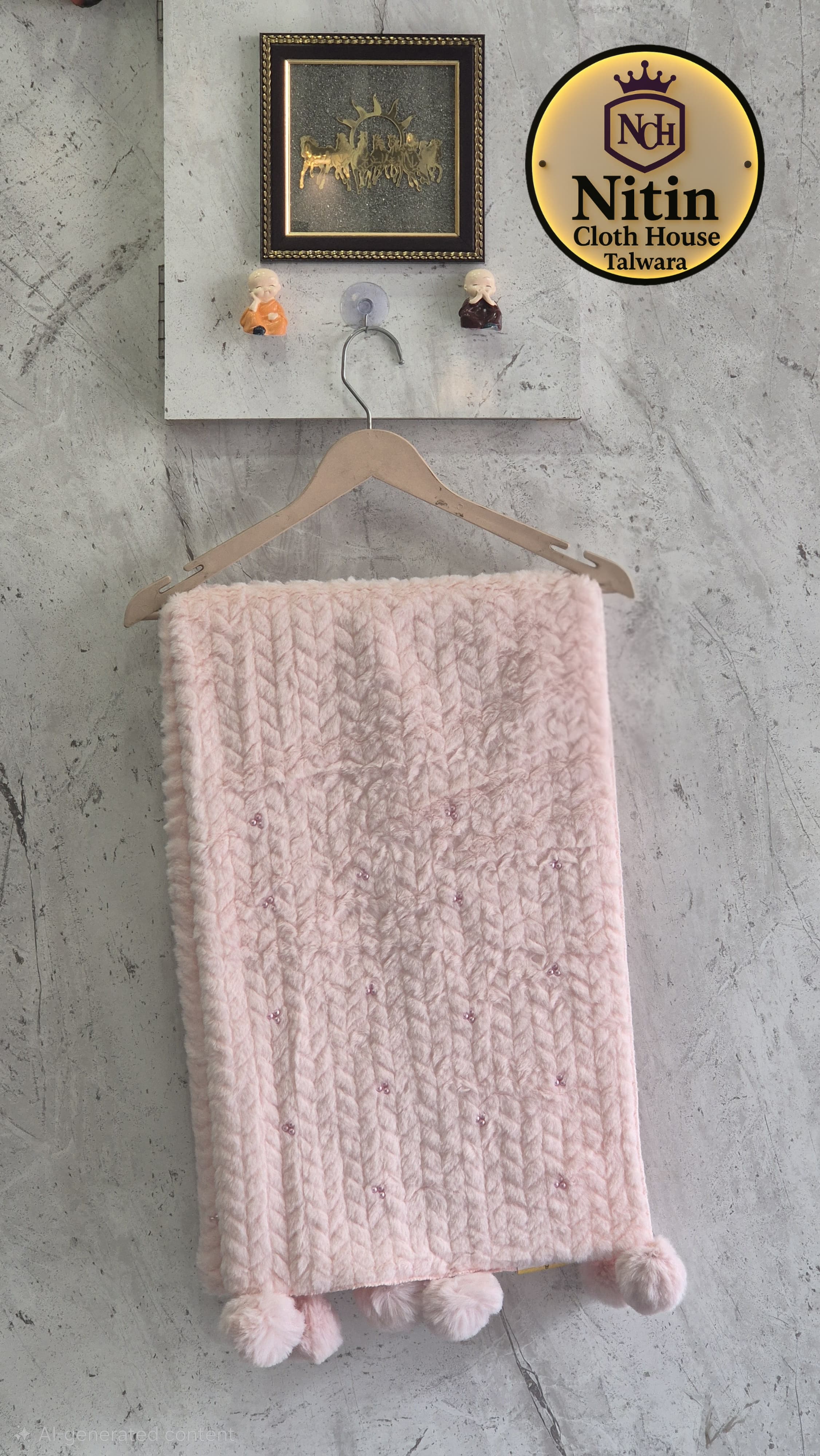 Elegant Maroon Textured Winter Stole with Pom-Pom Border