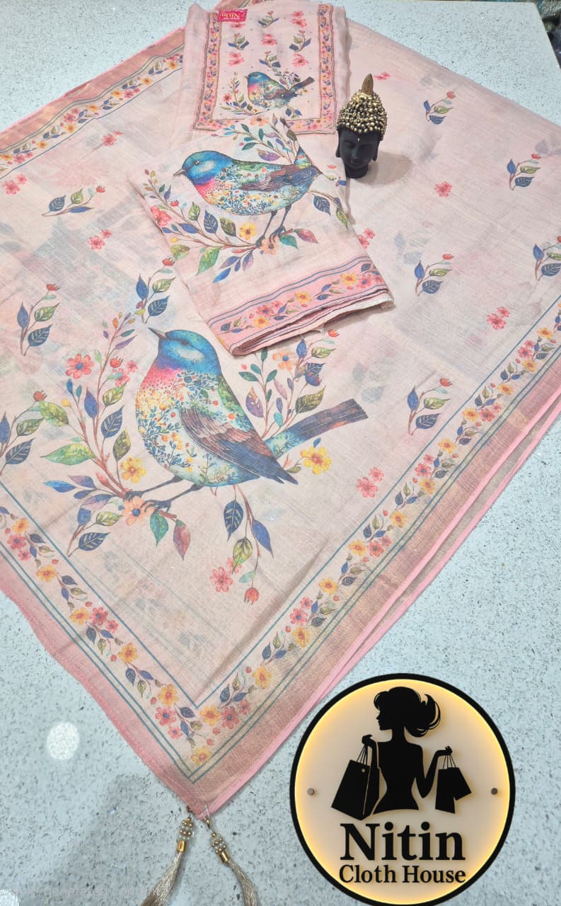 Graceful Cotton Linen Suit with Artistic Bird Design & Stole Dupatta