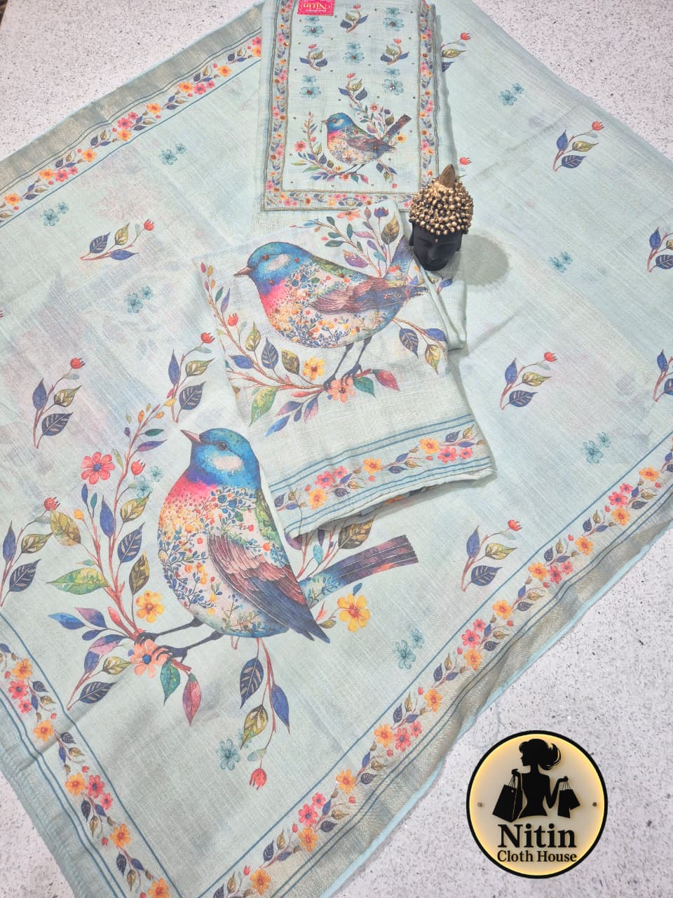 Graceful Cotton Linen Suit with Artistic Bird Design & Stole Dupatta