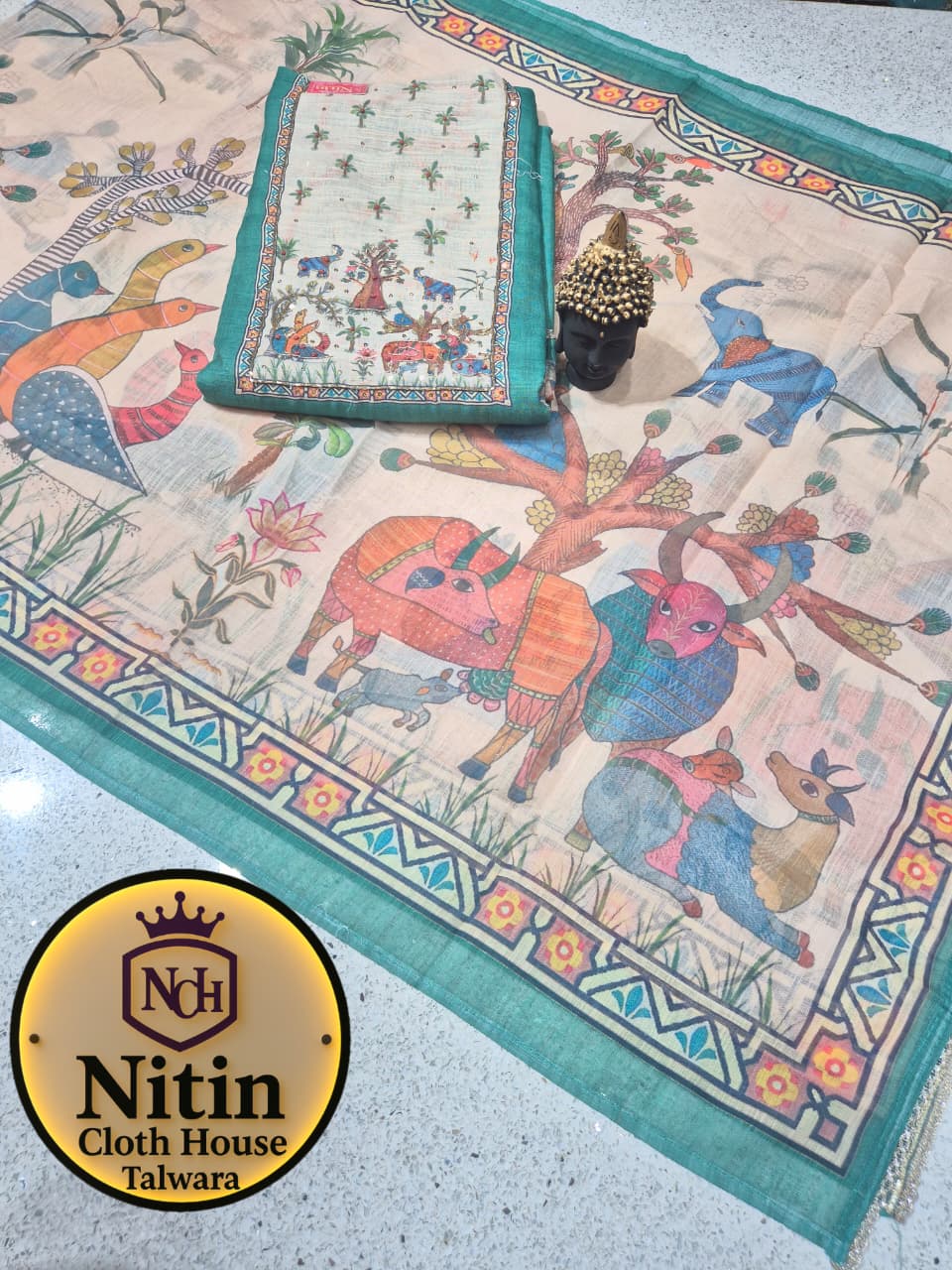 Traditional Folk Art Printed Suit with Elegant Stole Dupatta