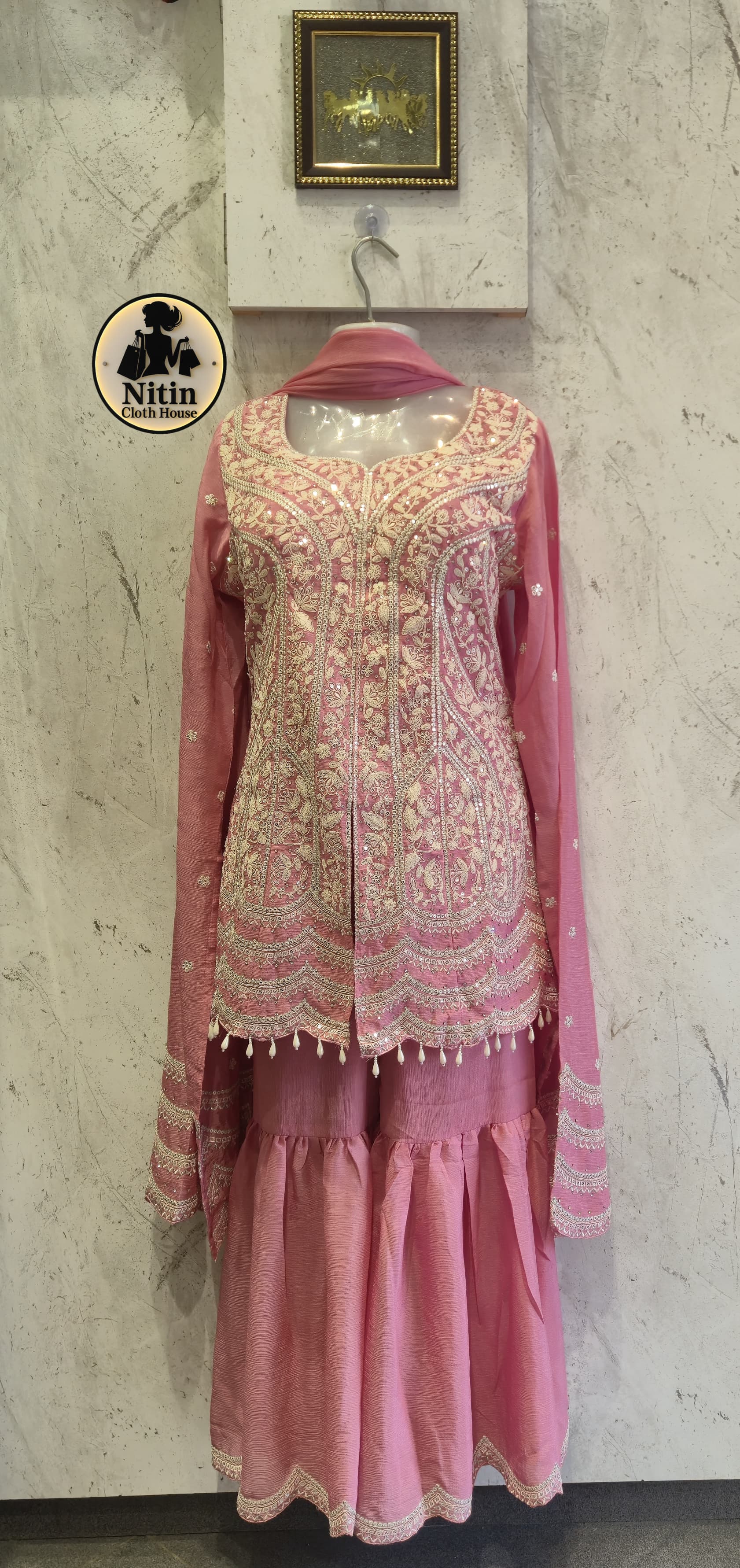 “Blush Pink Chinon Pakistani Style Embroidered Sharara Suit”
