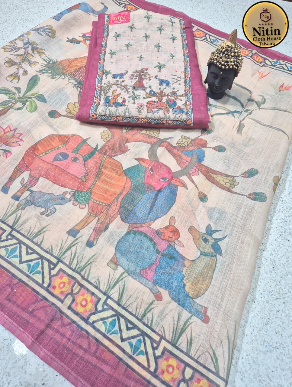 Traditional Folk Art Printed Suit with Elegant Stole Dupatta