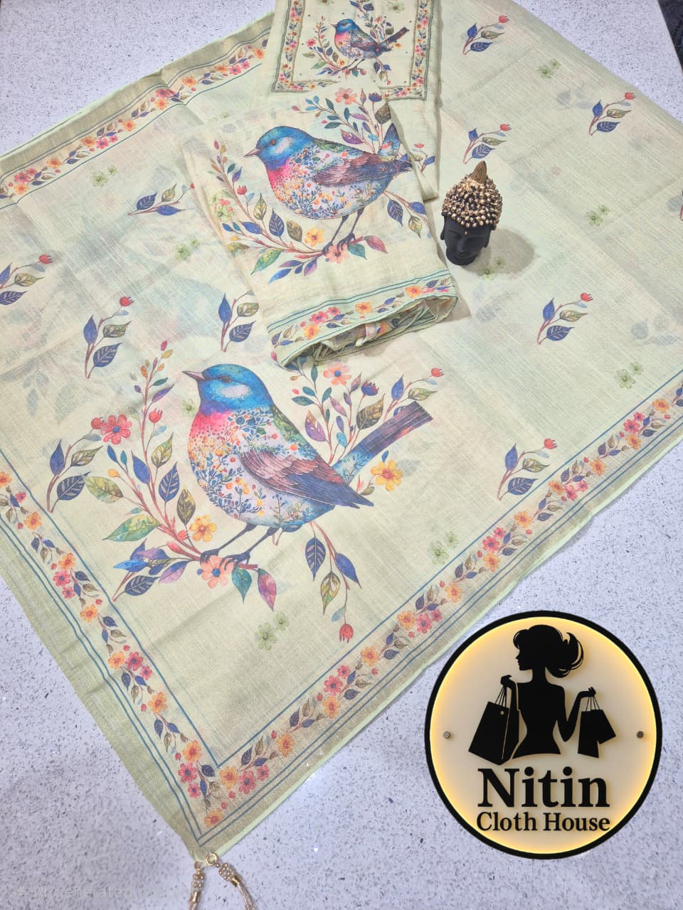 Graceful Cotton Linen Suit with Artistic Bird Design & Stole Dupatta