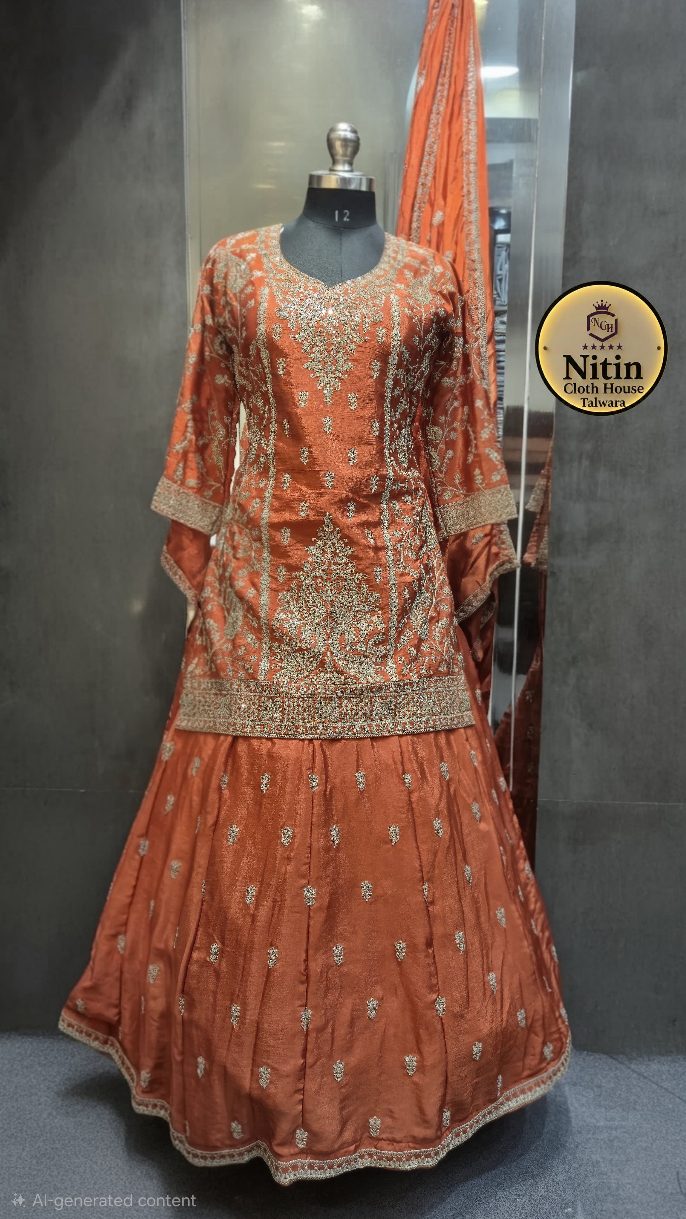 Royal Rust Chinon Embroidered Kurti-Skirt with Designer Dupatta ✨